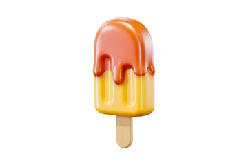 A 3D rendered image of a yellow and orange popsicle with melting caramel topping on a white background. background removed