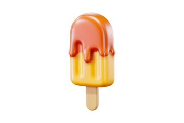 A 3D rendered image of a yellow and orange popsicle with melting caramel topping on a white background. background removed