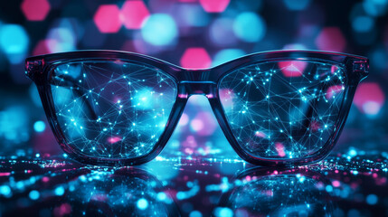 Hologram glasses. Glasses made of polygons, triangles of dots and lines. Glasses are a low-poly compound structure. Technology concept vector.