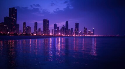 Illuminated Urban Skyline at Night with Vibrant Colors