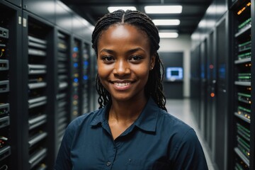 Close portrait of a smiling young Malawian female IT worker looking at the camera, against dark server room blurred background.