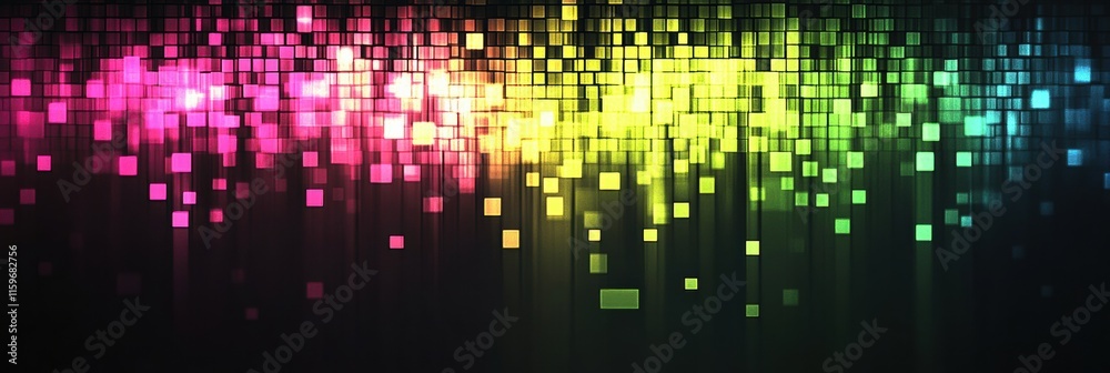 Poster Glowing mosaic pattern with vibrant colors and pixelated elements creating a dynamic visual display at night. Generative AI