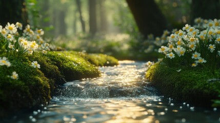 Fototapeta premium Serene Forest Stream With Daisies Blooming Brightly