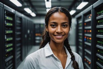 Fototapeta premium Close portrait of a smiling young Mauritanian female IT worker looking at the camera, against dark server room blurred background.