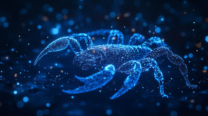A Scorpion of blue glowing dots. Scorpio of the particles. Vector illustration