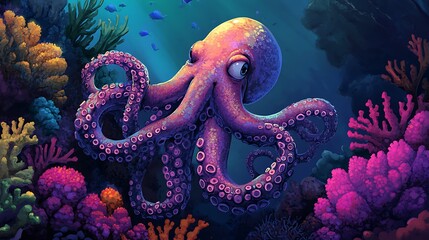 Obraz premium A colorful octopus swims among vibrant coral reefs in an underwater scene.