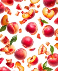 An isolated levitating peach composition that includes whole peaches, halves, and slices, all accompanied by green leaves and resting on a white background.