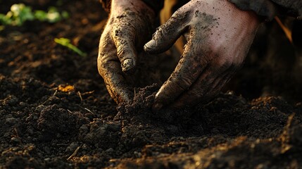 A close-up of a person's hands, dirty with soil, carefully working in the garden during golden hour.