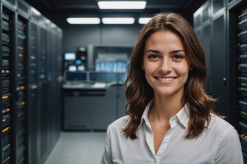 Fototapeta premium Close portrait of a smiling young Montenegrin female IT worker looking at the camera, against dark server room blurred background.