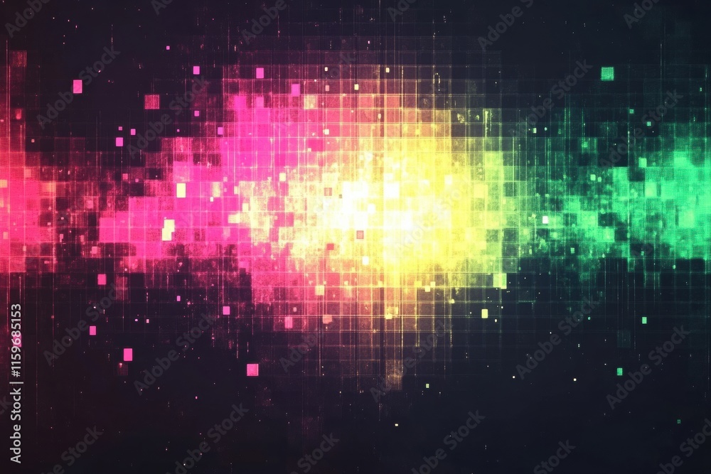 Poster Vivid abstract glowing mosaic with pixelated elements showcasing a spectrum of colors and radiant light patterns. Generative AI