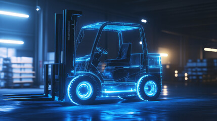 Hologram forklift. A holographic projection of a forklift. Flickering energy flux of particles. The scientific design of the logistics