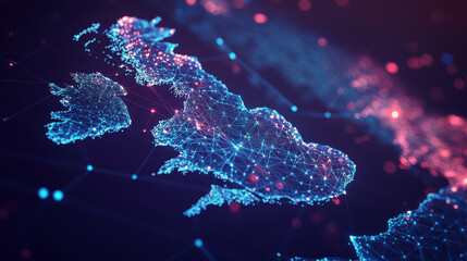 Hologram Of Great Britain. Map of great Britain of polygons, triangles of points and lines. Map of great Britain low poly composite structure. Technological concept.