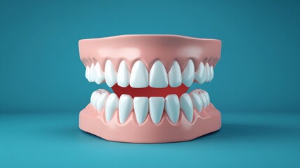 Obraz premium A realistic model of open jaws showcasing perfect white teeth against a vibrant blue background.