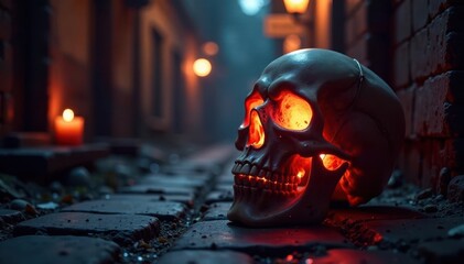 Obraz premium Flickering gothic skull candlelight illuminates dark alley , old, candle, atmosphere