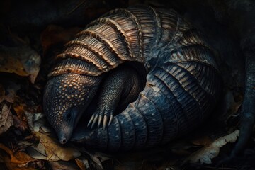 Obraz premium Detailed closeup of armadillos defensive posture in dramatic lighting