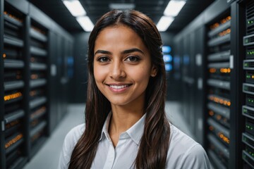 Fototapeta premium Close portrait of a smiling young Omani female IT worker looking at the camera, against dark server room blurred background.