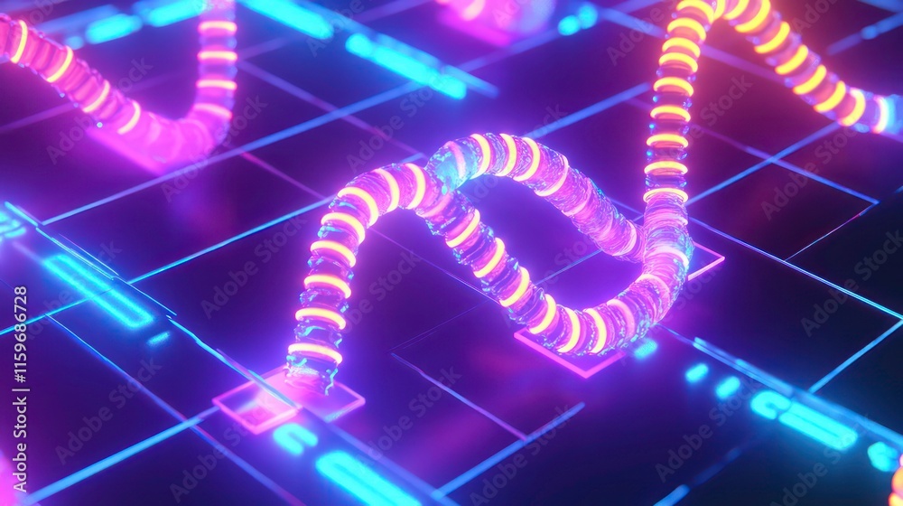 Aufkleber abstract neon pink and blue glowing lines forming wavy patterns on a dark grid background.