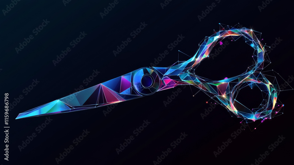 Poster hologram scissors. scissors made of polygons, triangles of points and lines. scissors icon is a low-