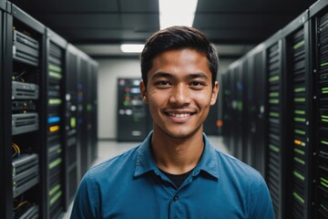 Close portrait of a smiling young Palauan male IT worker looking at the camera, against dark server room blurred background.
