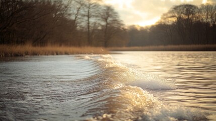 Fototapeta premium Golden Sunset Wake On Calm River Water