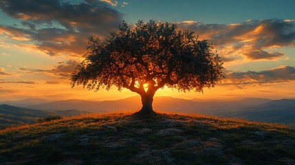 Obraz premium Majestic Olive Tree Silhouetted Against Vibrant Sunset Landscape
