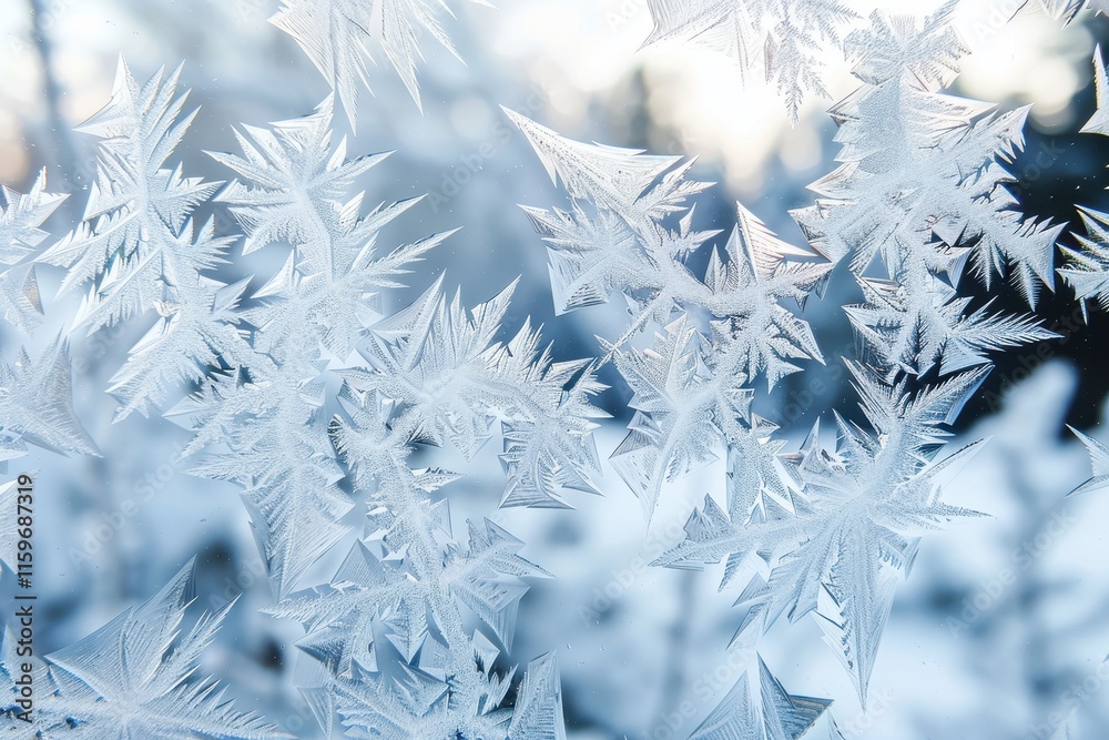 Poster Delicate snowflakes adorn a window with intricate frost patterns during a cold winter day
