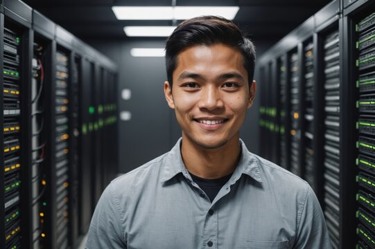 Close portrait of a smiling young Filipino male IT worker looking at the camera, against dark server room blurred background.
