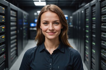 Fototapeta premium Close portrait of a smiling young Polish female IT worker looking at the camera, against dark server room blurred background.