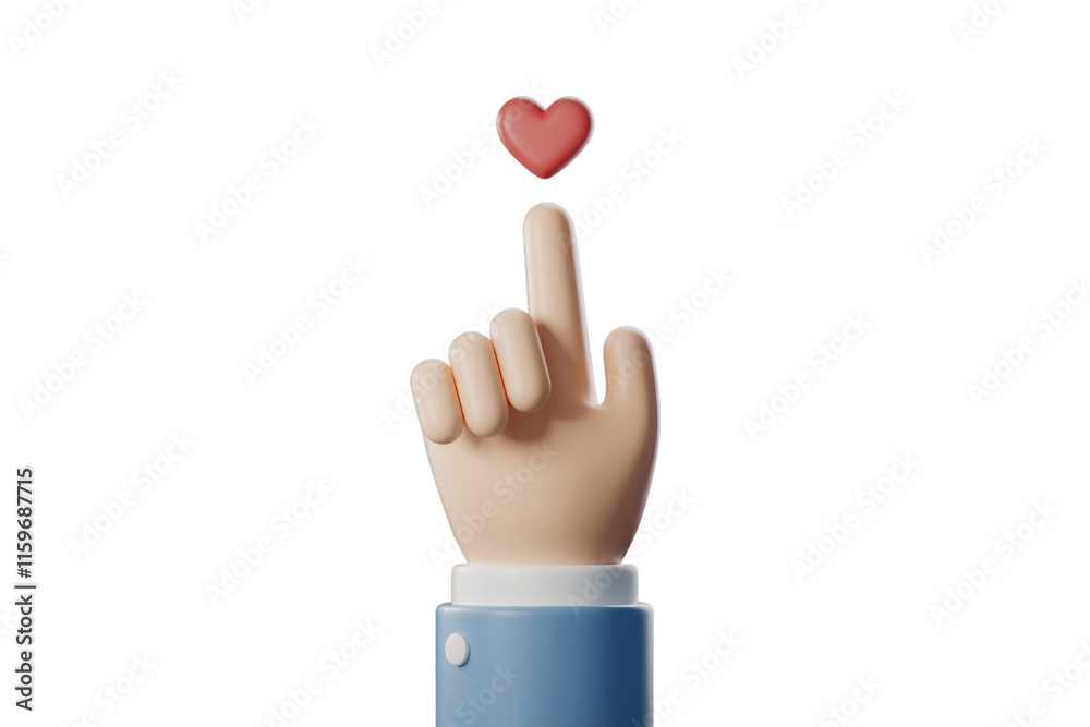 Poster 3D rendered cartoon hand pointing upward with a small heart above it. background removed