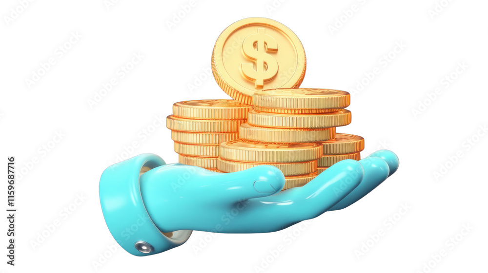 Poster a 3d rendering of a blue hand holding a stack of golden coins, symbolizing wealth and financial succ