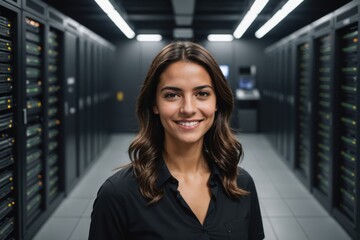 Fototapeta premium Close portrait of a smiling young Portuguese female IT worker looking at the camera, against dark server room blurred background.