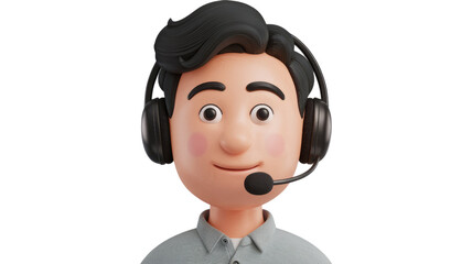 A 3D cartoon illustration of a friendly male customer service representative wearing a headset. background removed