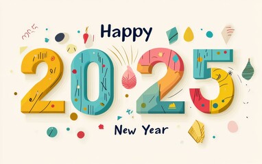 Bold and Colorful "2025" with Geometric Patterns on Cream-Colored Background, Flat Illustration Style.