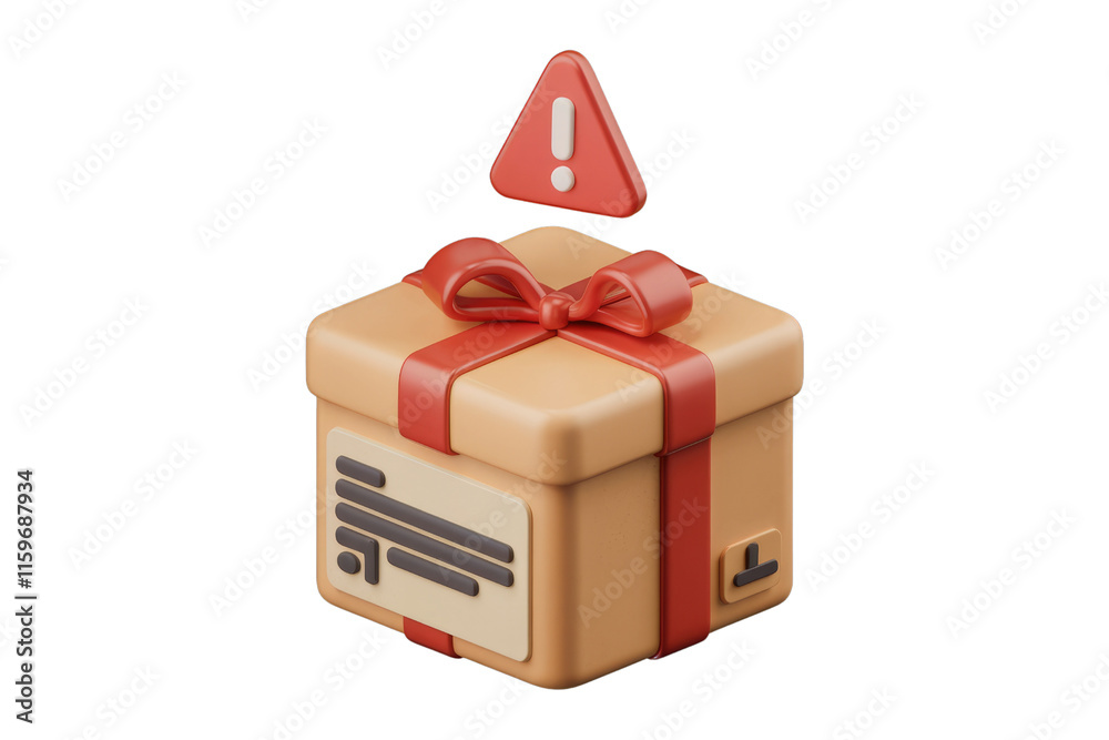 Poster a 3d rendered image of a gift box with a warning sign, indicating a potential delivery problem. back