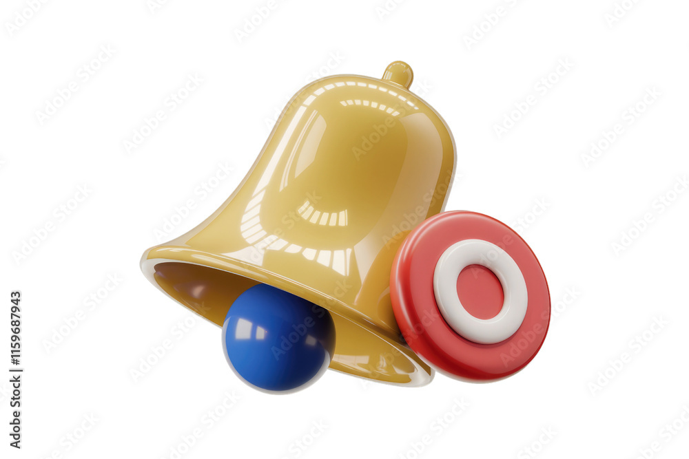 Poster 3d render of a golden bell with blue and red balls, representing notifications or alerts. background
