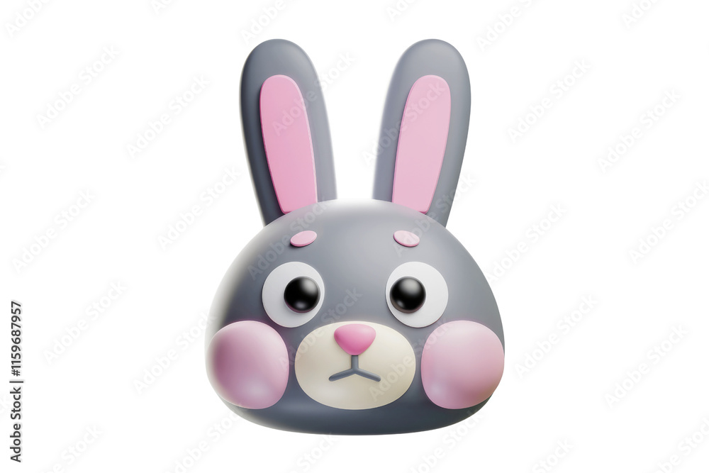 Poster adorable 3d render of a grey bunny with pink ears and cheeks, looking slightly sad. background remov