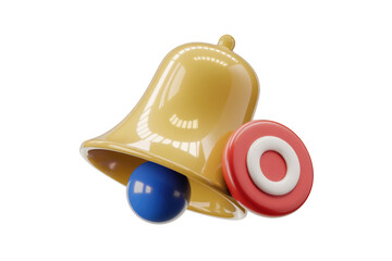 Fototapeta premium 3D render of a golden bell with blue and red balls, representing notifications or alerts. background removed