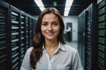 Fototapeta premium Close portrait of a smiling young Romanian female IT worker looking at the camera, against dark server room blurred background.