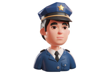 3D render of a cartoon police officer bust, wearing a blue uniform and cap. background removed