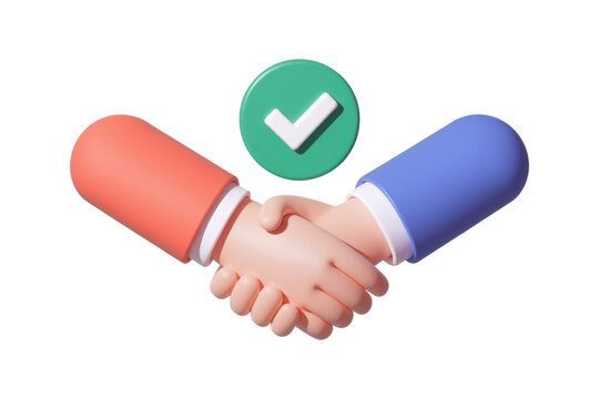3D render of a handshake with a checkmark, symbolizing agreement and partnership. background removed