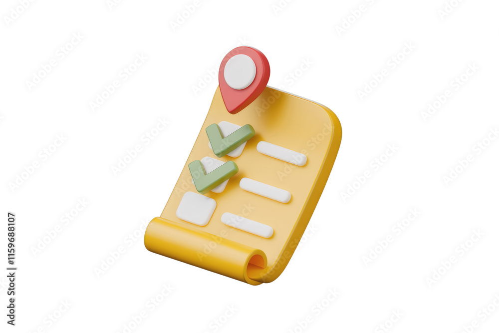 Leinwandbilder 3D illustration of a checklist with location pin, signifying task completion and location tracking. background removed