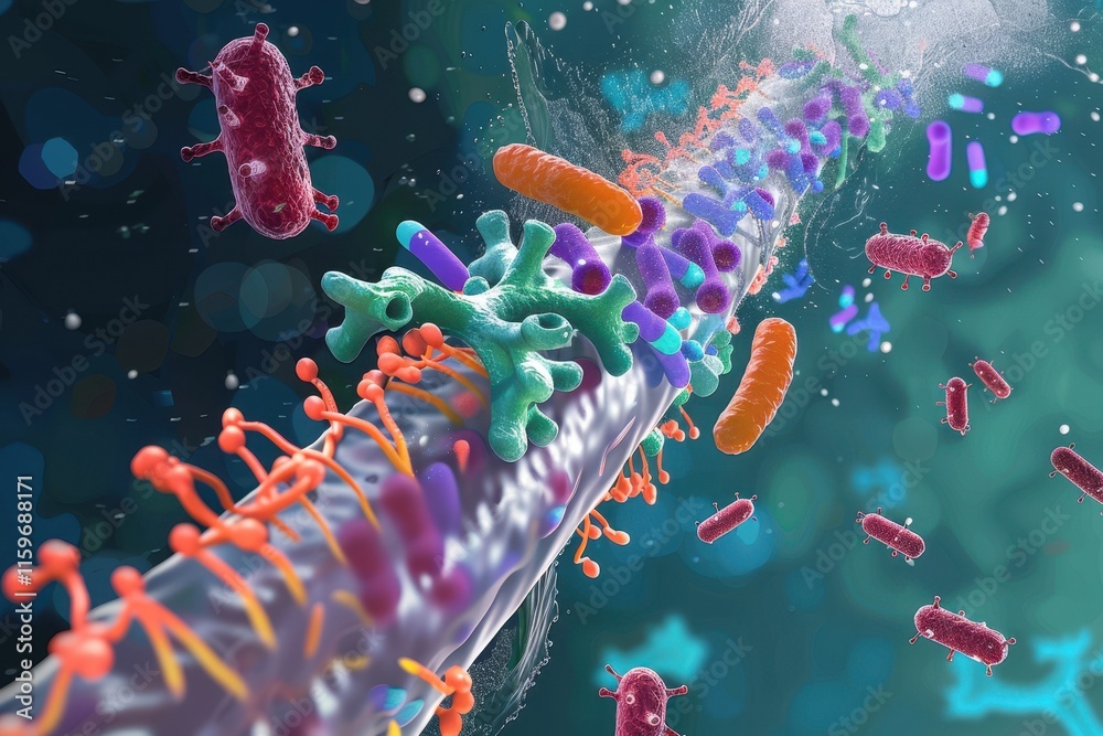 Poster Microscopic view of various bacteria interacting in a fluid environment showcasing cellular diversity and biological processes