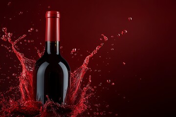 Fototapeta premium red wine bottle with splash of red wine from the back, dark red background ,blank wine label 