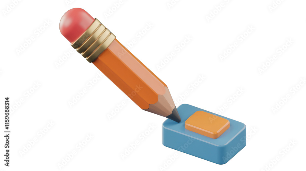 Poster 3D render of a pencil about to fill a square button, symbolizing creation or input. background removed