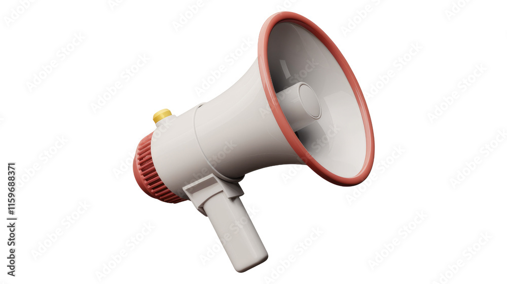 Poster A 3D rendered image of a white megaphone with a red rim, isolated on a transparent background. background removed