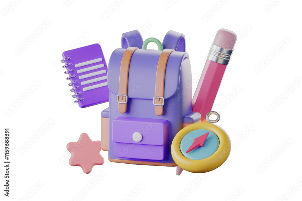 Poster a 3d render of a backpack with a notepad, pencil, compass, and star. background removed