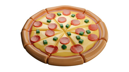 Cartoon-style pepperoni pizza with green peppers, 3D render. background removed