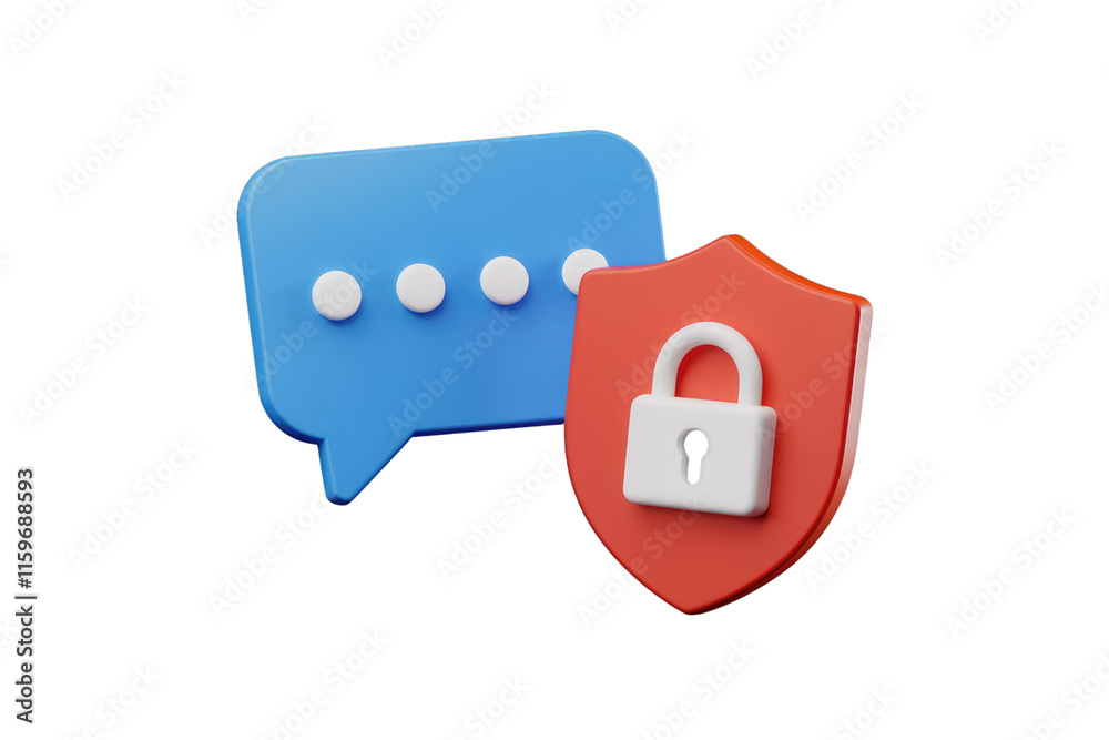 Aufkleber Secure messaging concept illustrated with 3D render of a speech bubble and a shield with a padlock. background removed