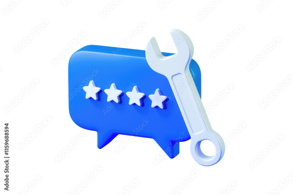 Poster Fixing four-star review feedback with a wrench, improving customer satisfaction and service. background removed