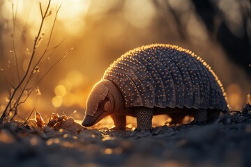 Obraz premium Closeup shot of armadillo foraging at dusk in warm light